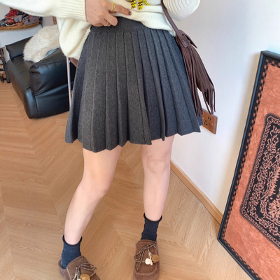 秋冬新款miu系高腰显瘦短款针织百褶半身裙女小个子百搭a字短