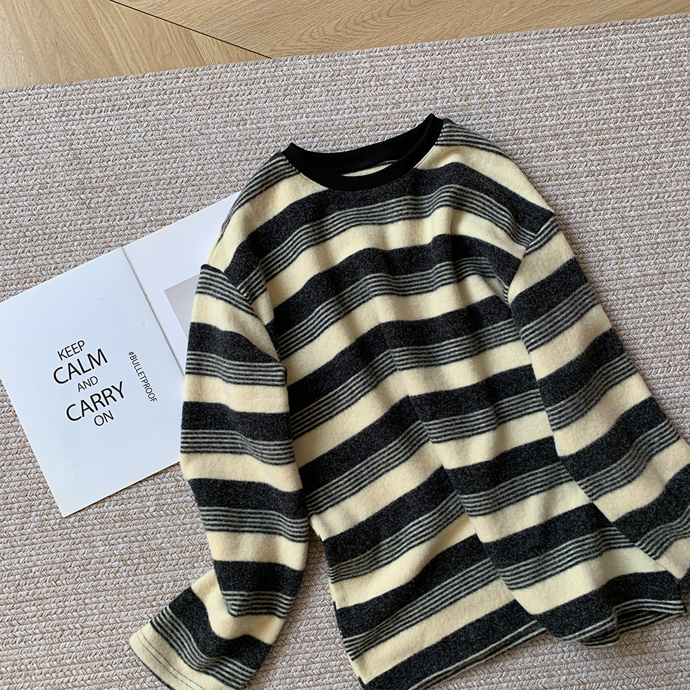 25秋冬款 厚实柔糯条纹加厚磨毛长袖T恤 慵懒宽松毛绒绒套头衫女