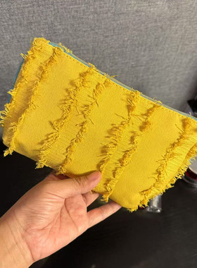 出口尾货 希思L黄色布毛边款设计感手拿包化妆包手机包随身收纳包