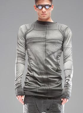 CHAUNK沙丘废土几何压条解构不对称脏染扎染修身纯棉长袖T恤中性