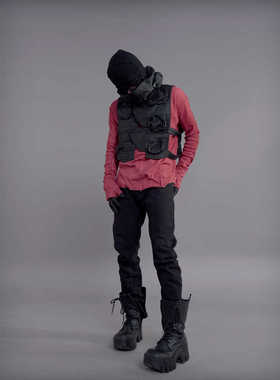 CHAUNK先锋小众设计师沙丘废土解构连手袖冷染做旧打底修身T恤潮