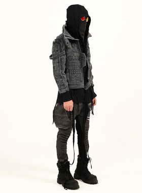 CHAUNK先锋沙丘废土DEMO不对称饰袢做做旧重工洗水修身机车夹克男