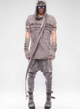 CHAUNK先锋沙丘废土风连帽披挂蜡染洗水做旧连帽解构袖套短袖T恤