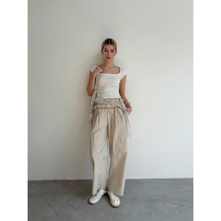 DT 春季新品高腰荷叶边休闲抽绳宽松直筒阔腿裤子女春夏长裤女