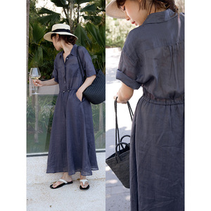 时AG 夏焕新百搭款 纯苎麻短袖抽绳可收腰衬衫裙慵懒连衣裙 20738