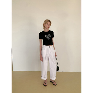 DT 春季新品韩系百搭卷边高腰长裤女春夏2026显腿长纯棉休闲裤