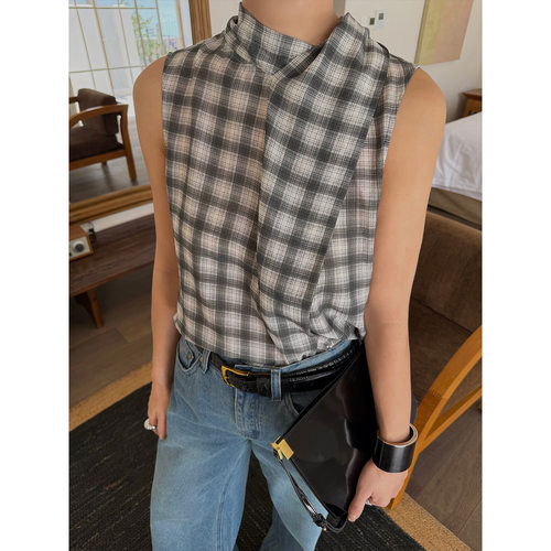 NEW 2026夏日焕新 复古格纹围巾领飘带小众设计无袖衬衣女 C8761