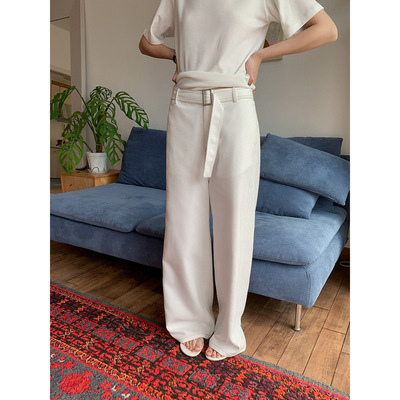 IBY 春夏焕新 配腰带撞色明线宽松阔腿裤女夏新款显瘦宽松休闲裤