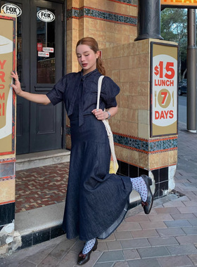 NEW 2026春季新品 INS复古风高腰大摆伞裙a字牛仔半裙女C8672