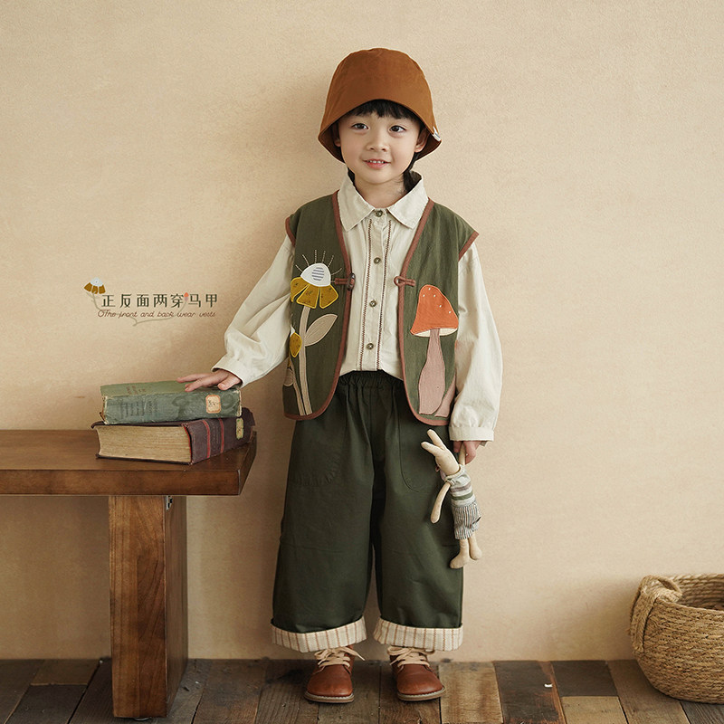 砚台家男童立体卡通马甲春秋童装儿童条纹背心中小童两穿双面坎肩