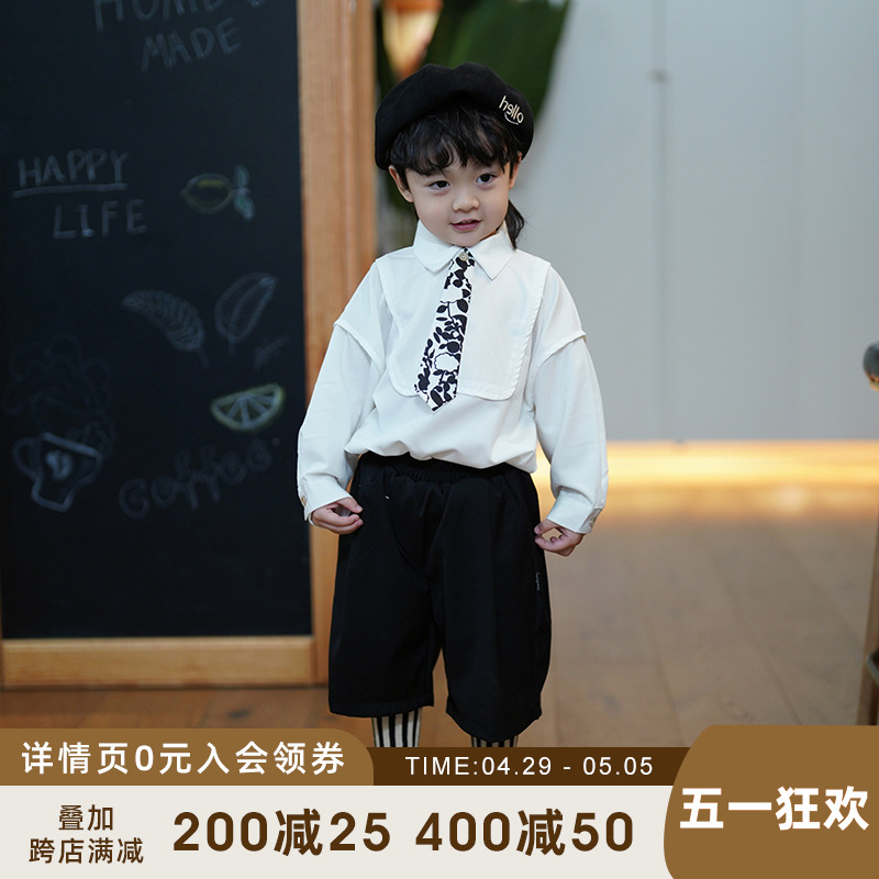 砚台家韩国设计款儿童炸街衬衫男童白衬衣宝宝套头polo领洋气春季