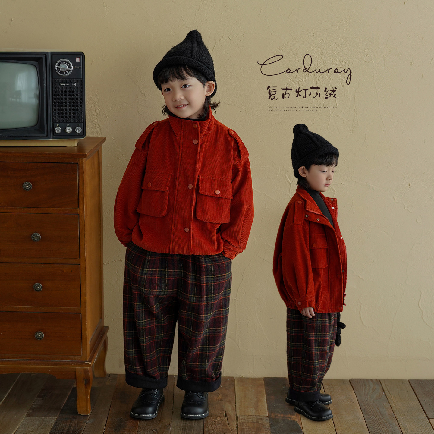 砚台家童装儿童纯棉灯芯绒外套秋冬款男童红色年服夹克中大童上衣