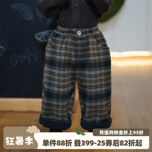 砚台家复古儿童毛呢格子休闲裤男女童一体绒裤子宝宝中小童秋冬款