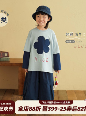 砚台家童装儿童A类纯棉长袖T恤春款中小童蓝色衣服男童假两件上衣
