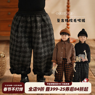砚台家儿童格子灯笼裤2025冬季新款男童长裤子宝宝加绒加厚直筒裤