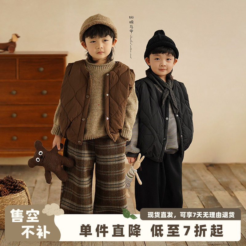 砚台家韩版男童马甲儿童绗棉背心男女宝宝格纹坎肩外穿秋冬装黑色