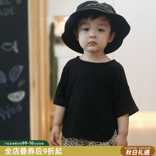 砚台家儿童纯棉短袖 幼童圆领上衣黑色潮 T恤男女童夏季 竹节棉韩版
