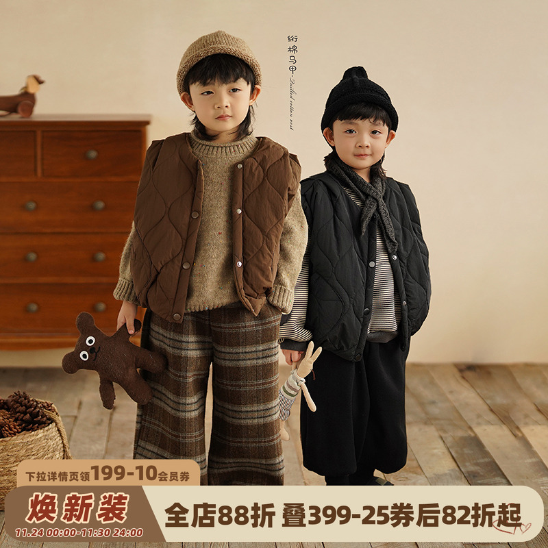 砚台家韩版男童马甲儿童绗棉背心男女宝宝格纹坎肩外穿秋冬装黑色