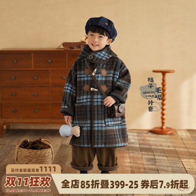 格子毛呢大衣新款男童加绒厚外套