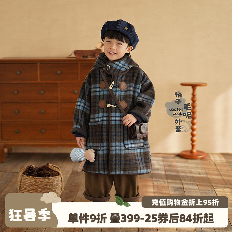 格子毛呢大衣新款男童加绒厚外套
