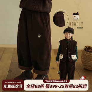 砚台家童装男童加绒休闲裤冬季新款男宝宝棕色长裤儿童厚裤子冬装