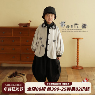 砚台家童装儿童娃娃领刺绣外套春装宝宝米色上衣洋气百搭男童衣服