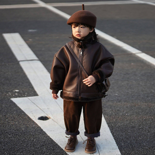 砚台家儿童冬装男童立领皮夹克幼童加绒外套中小童男孩皮衣加厚潮