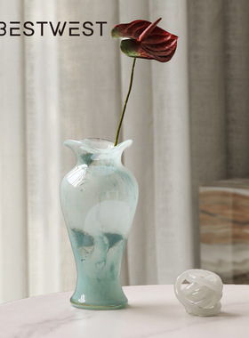 博西家居 中式芬顿荷叶边玻璃花瓶摆件 高级感家居客厅轻奢花器
