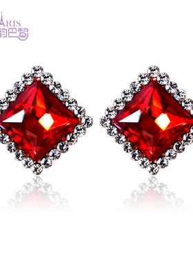 【限时买一送一】闪钻方形菱形耳钉红宝石耳扣耳环黑色无耳洞耳夹