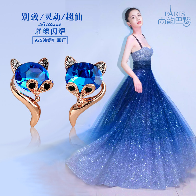 新款蓝宝石无耳洞耳夹女生气质小狐狸纯银针耳钉冷淡风红宝石耳环