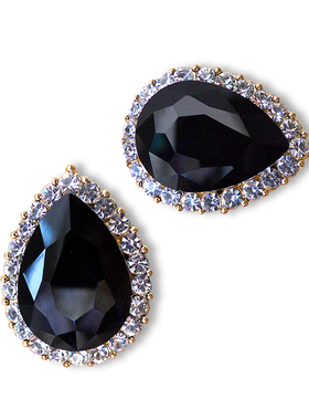 奢华镶钻大气百搭黑色水滴耳钉红绿宝石耳环无痛耳夹防敏耳钉两款