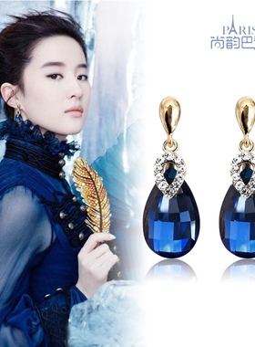 新款时尚纯银针耳环中长款气质蓝宝石水滴形耳坠防敏超闪耳夹耳钉