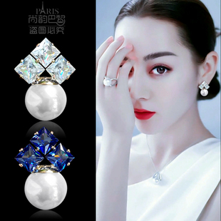 韩版时尚百搭珍珠银针红色耳钉气质简约蓝锆石无耳洞耳夹饰品耳环