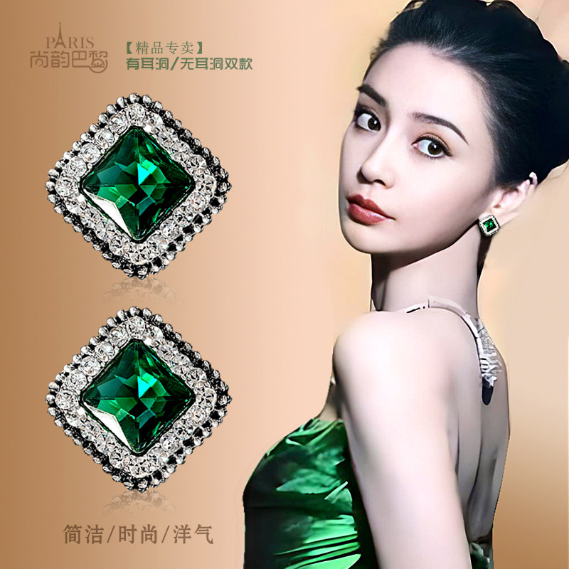 祖母绿水晶耳环复古2025年新款潮纯银防过敏耳饰无痛耳夹女无耳洞