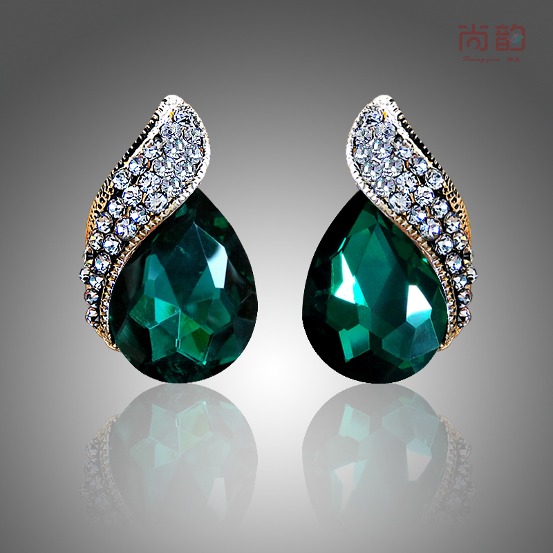 祖母绿宝石满钻水滴耳扣旗袍宴会