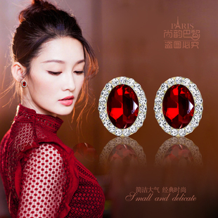新款 大气椭圆红宝石镶嵌纯银针耳钉气质百搭绿水晶无耳洞耳夹 时尚