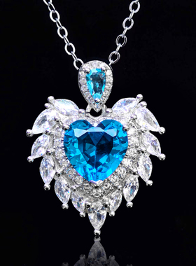 气质高定珠宝设计款天使之翼吊坠仿真海蓝宝心形项链公主粉钻配饰
