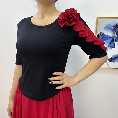 山茶花修身上衣T恤玫瑰花中袖