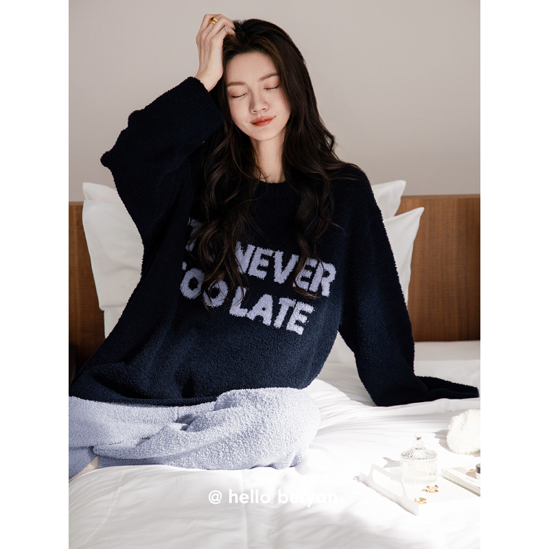 贝妍秋冬简约半边绒长袖睡衣套装