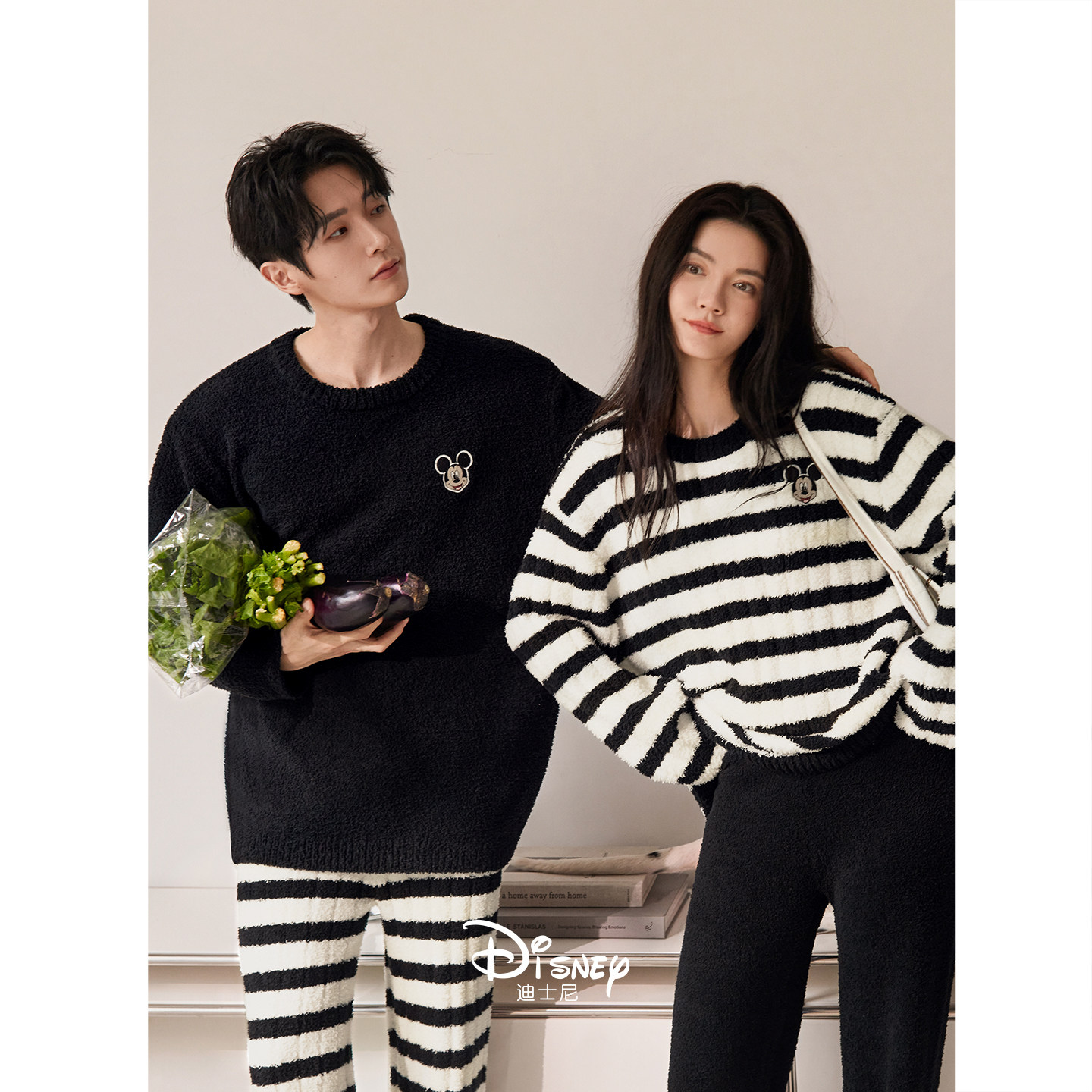 迪士尼情侣睡衣女秋冬季保暖半边绒条纹套装舒适慵懒男外穿家居服,女士内衣/男士内衣/家居服,睡衣/家居服套装,淘宝优惠券,粉丝福利购,淘宝优惠卷