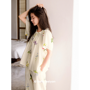 凉感小清新家居服 hello beiyan 贝妍睡衣女夏短袖 莫代尔棉套装