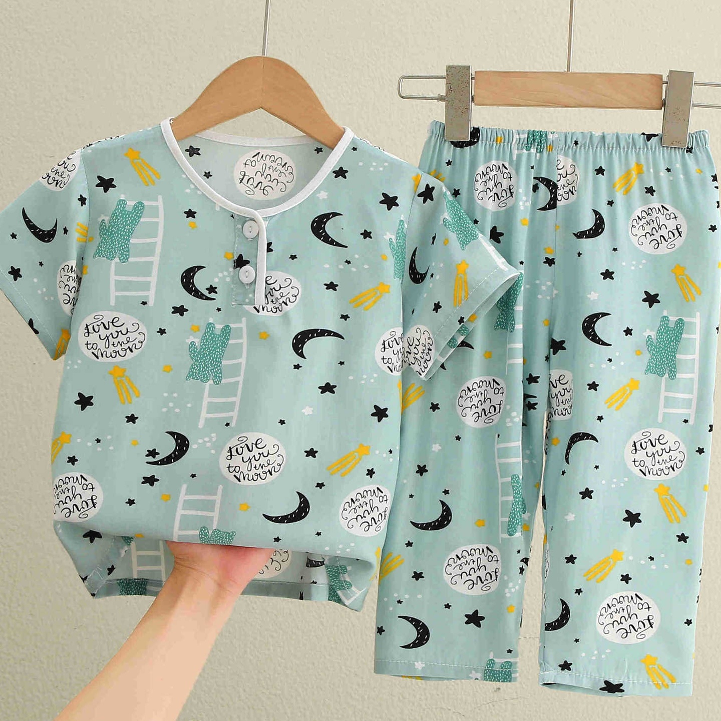 夏天小男孩薄款家居服套装夏季儿童棉绸睡衣男女宝宝短袖长裤绵绸