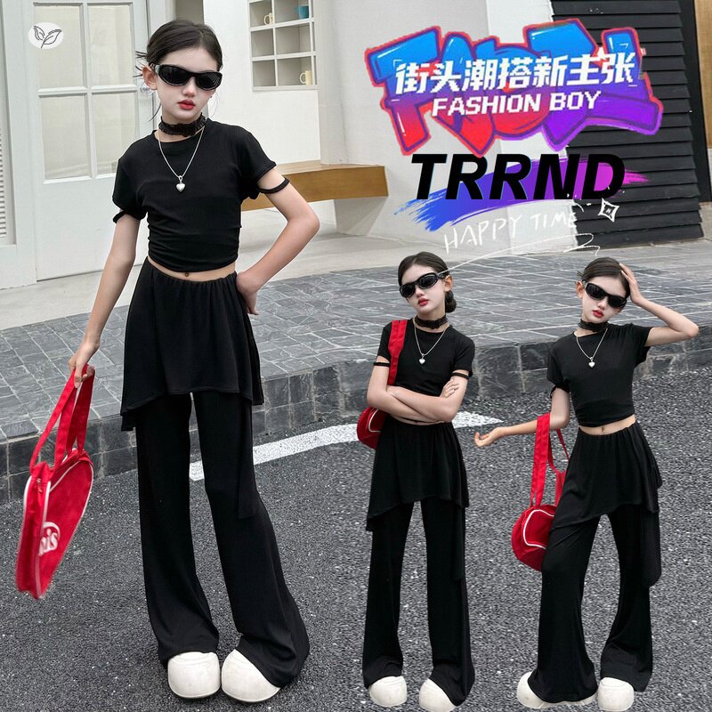 女童夏季休闲套装黑色短袖假两件喇叭裤女孩两件套潮2026透气薄款