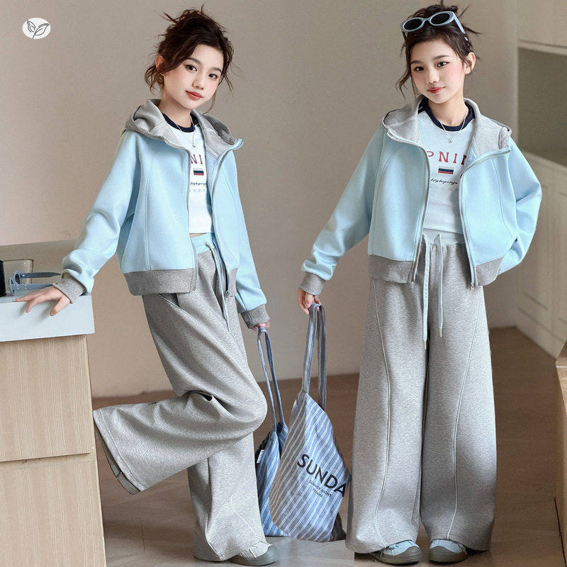 女童运动套装春秋2026年新款撞色卫衣外套阔腿裤两件套中大童春装