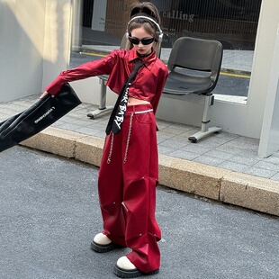 新款 女童露脐衬衫 2026秋季 套装 中大童红色嘻哈爵士舞表演出服 皮裤