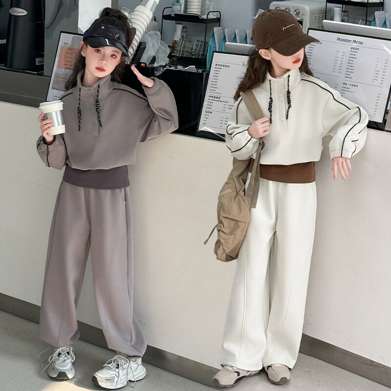 女童2026春秋卫衣套装儿童潮范新款假两件立领外套大童休闲两件套