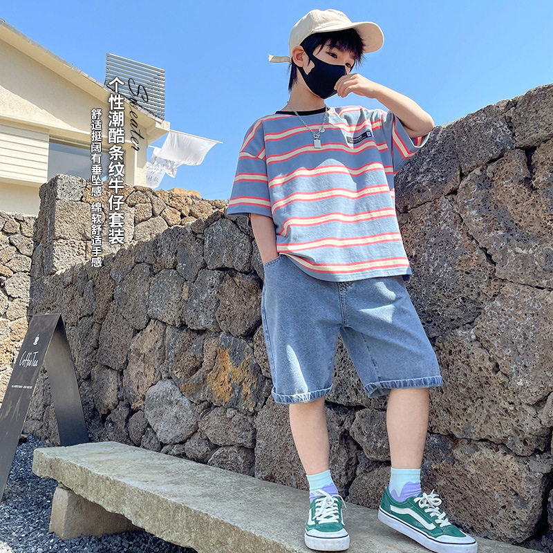 男童2026夏季新款套装条纹短袖上衣中大童韩版轻薄牛仔短裤两件套