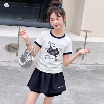 女童套装2026夏季新款中大童修身猫咪T恤高腰裙裤短裤运动两件套