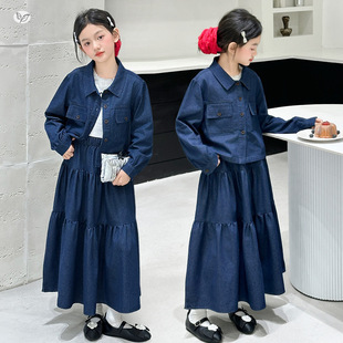 外贸童装女童半身裙套装秋季新款翻领上衣A字裙牛仔两件套中大童