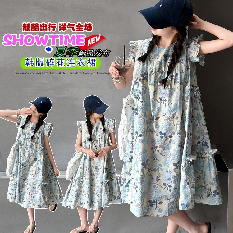 女童碎花连衣裙2026夏季新款中大儿童飞飞袖花边棉布裙森系中长裙